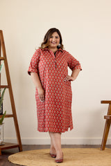 Red Bagru Print Collared Button Down Dress