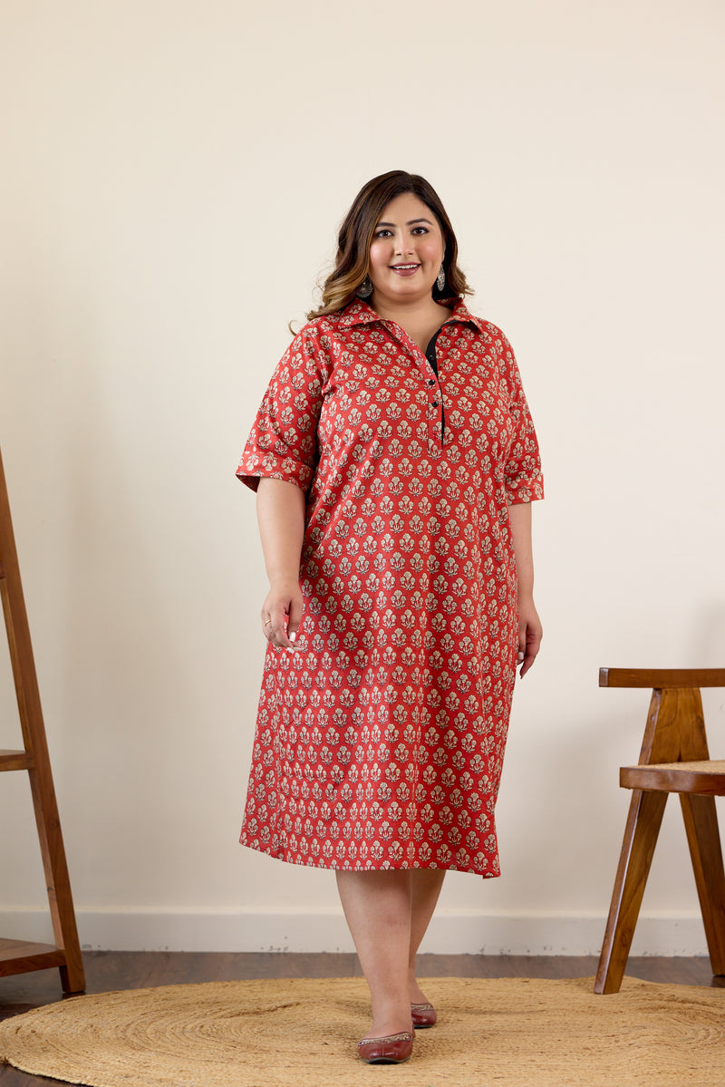 Red Bagru Print Collared Button Down Dress