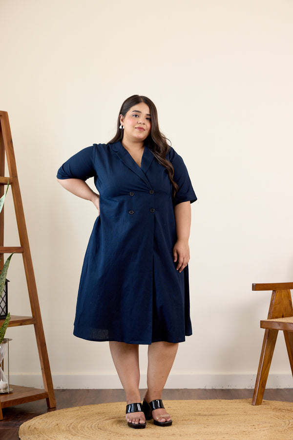 Midnight Blue Button-Down Lapel Jacket Dress