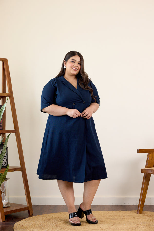 Midnight Blue Button-Down Lapel Linen-Blend Jacket Dress