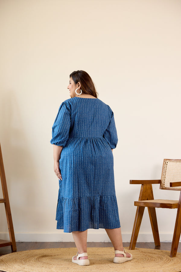 Blue Geometric Print Tiered Dress