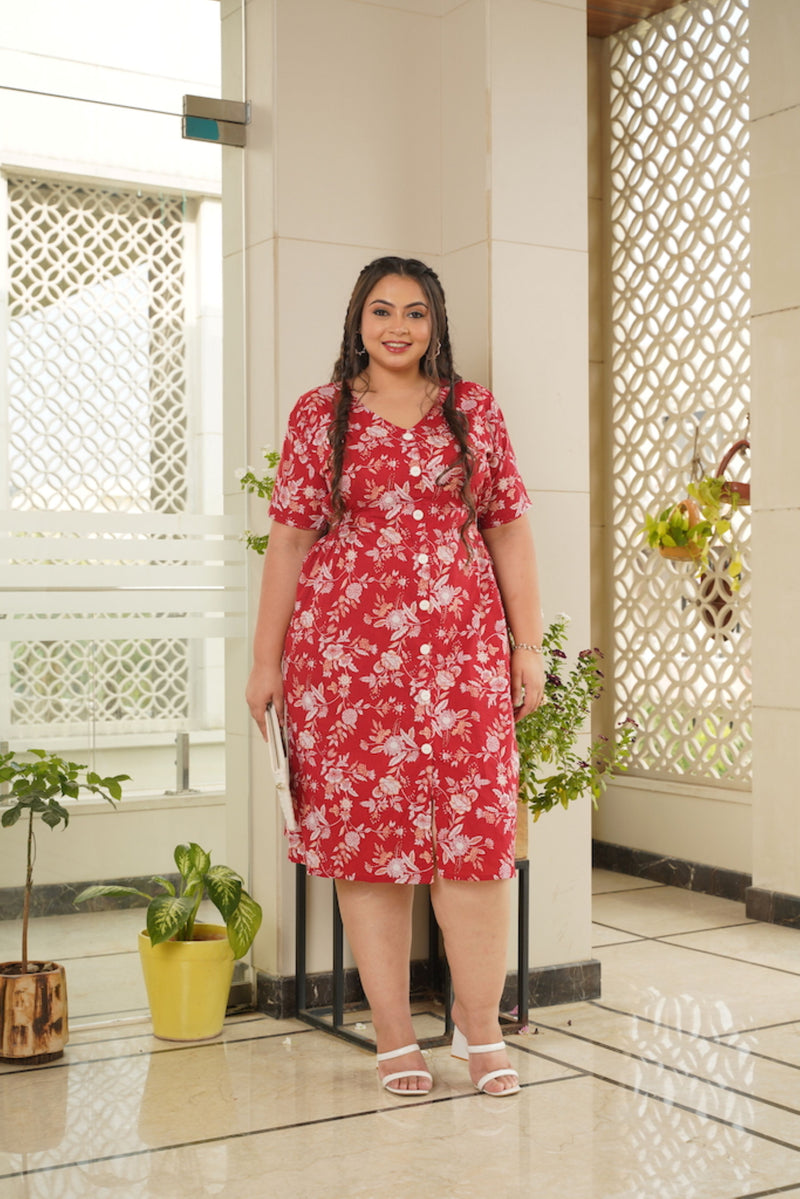 Red Floral Cotton Maxi Button Down Dress - Plus size