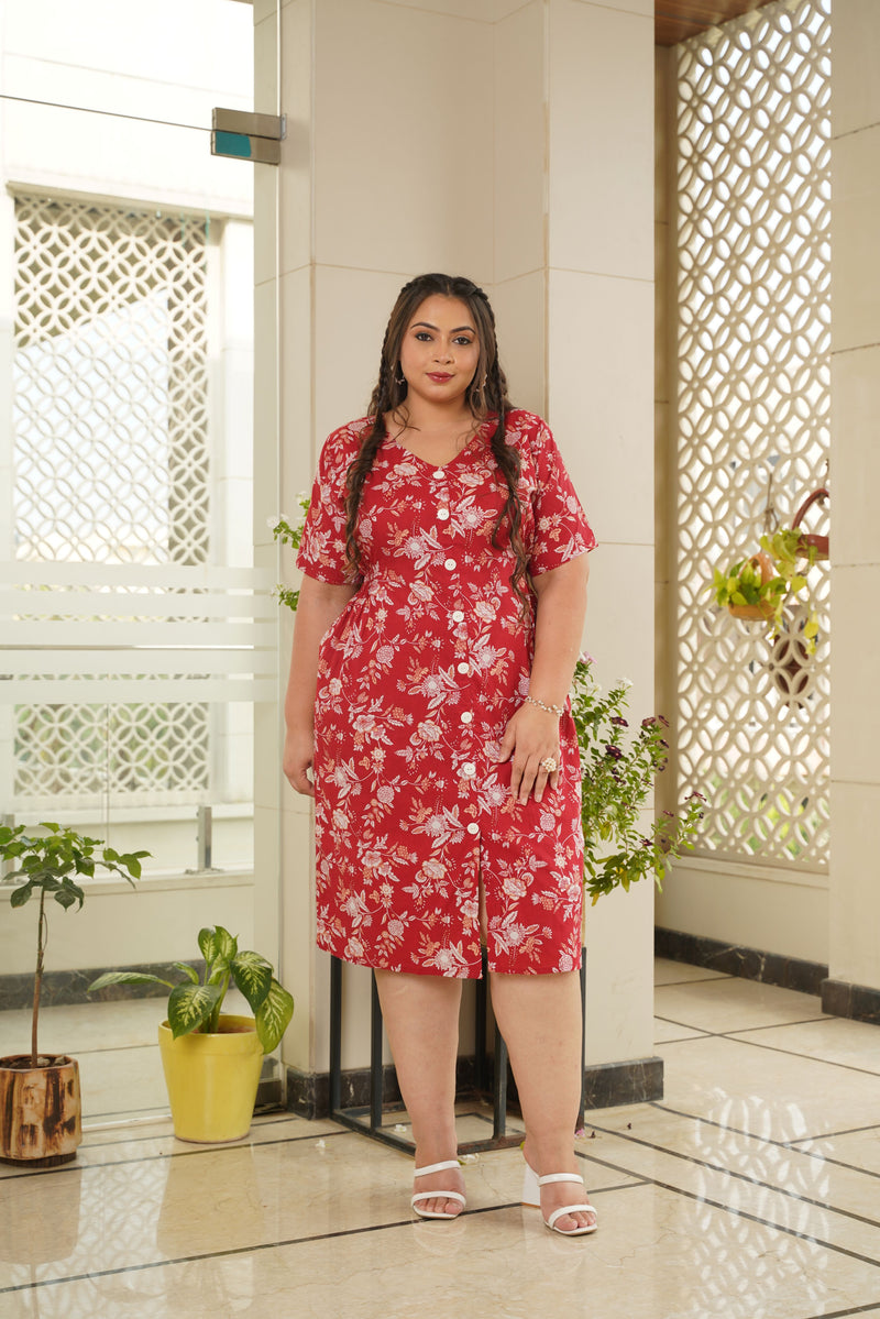 Red Floral Cotton Maxi Button Down Dress - Plus size