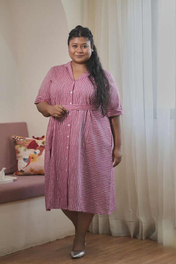 Mauve Pink Striped Cotton Shirt Dress