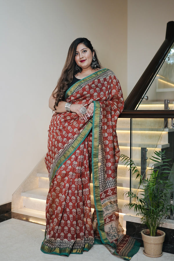 Brick Red Bagru Chanderi Printed Saree