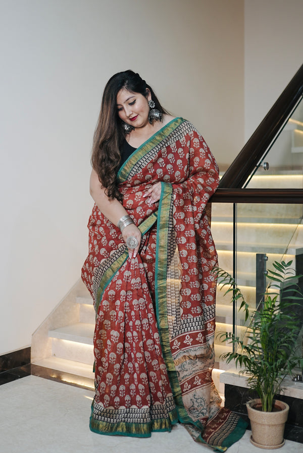 Brick Red Bagru Chanderi Printed Saree