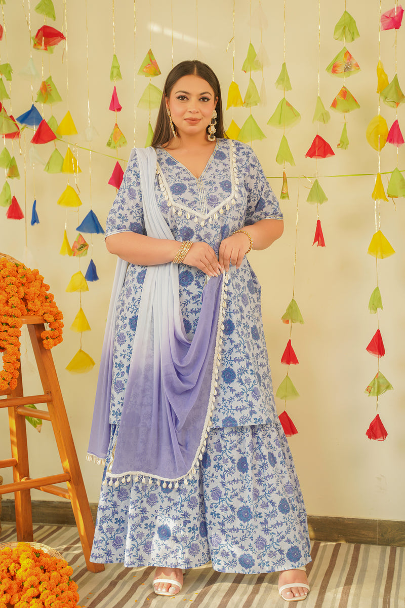 Ice Blue V-Neck Cotton Sharara Set - (Set of 3)