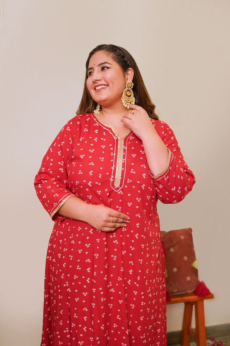 Red Bandhani Kurta Set - (Set of 2)