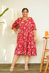 Red Floral Cotton Tiered Maxi-Plus Size