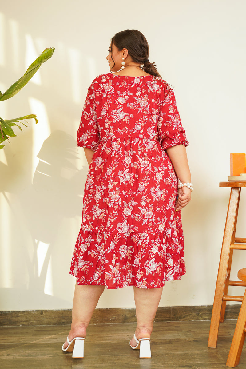 Red Floral Cotton Tiered Maxi-Plus Size