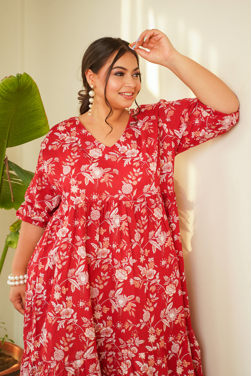 Red Floral Cotton Tiered Maxi-Plus Size