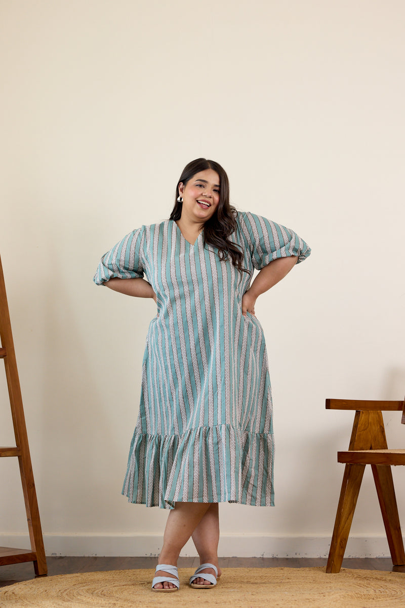 Teal Blue Tired Striped Midi Dress