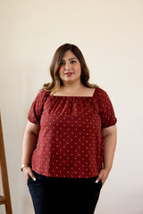 Maroon Puffed Sleeve Hand Block Printed Polka Top