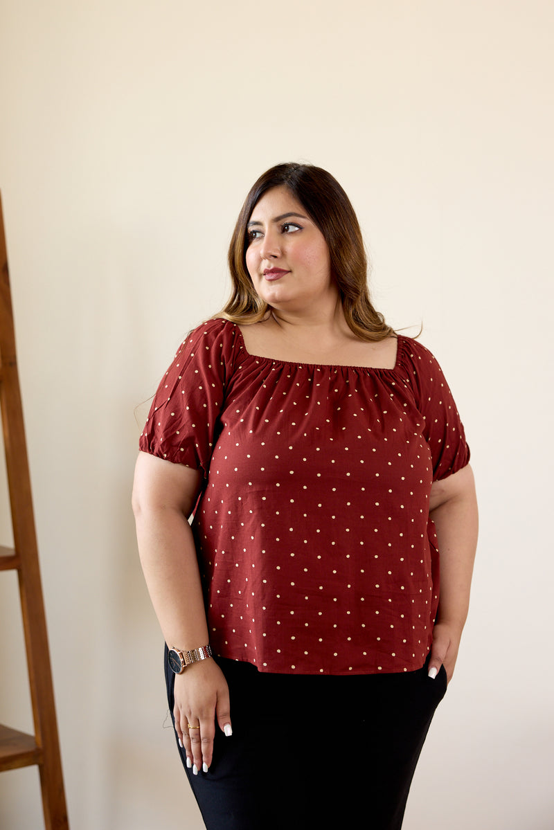 Maroon Puffed Sleeve Hand Block Printed Polka Top