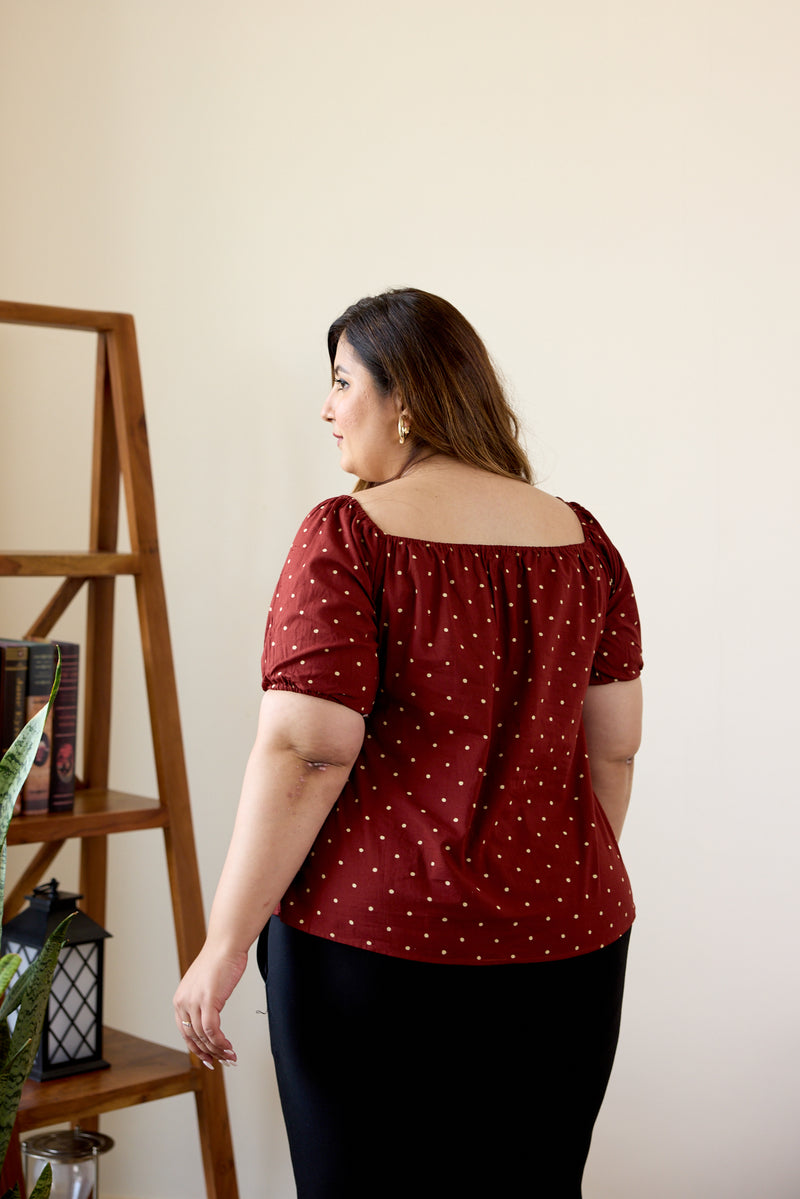 Maroon Puffed Sleeve Hand Block Printed Polka Top