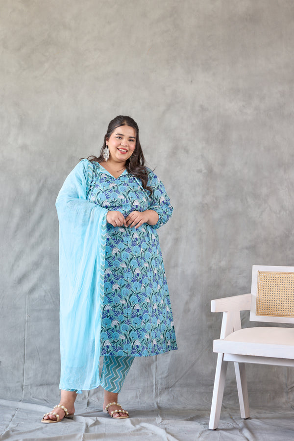 Blue Floral Printed Kurta Set - (Set of 3)