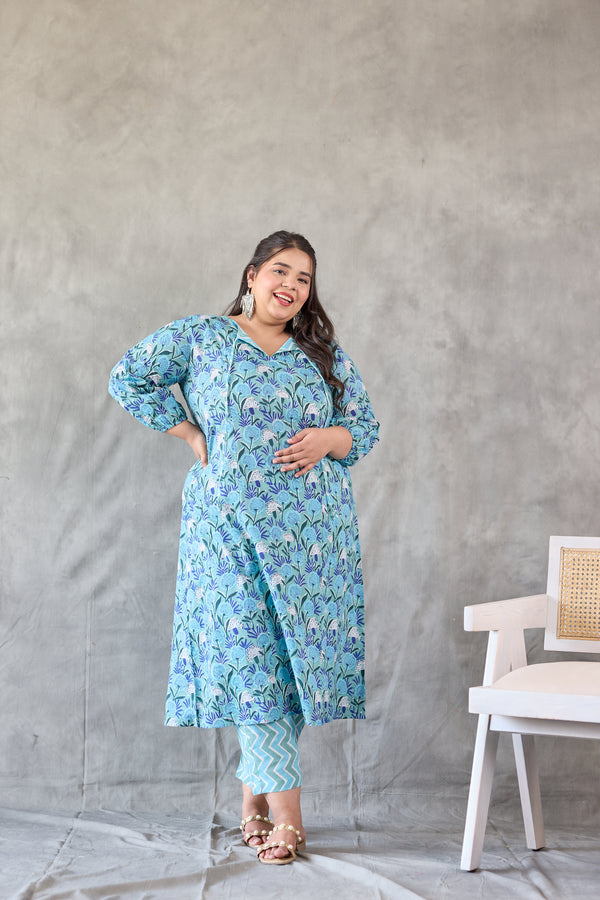 Blue Floral Printed Kurta Set - (Set of 3)