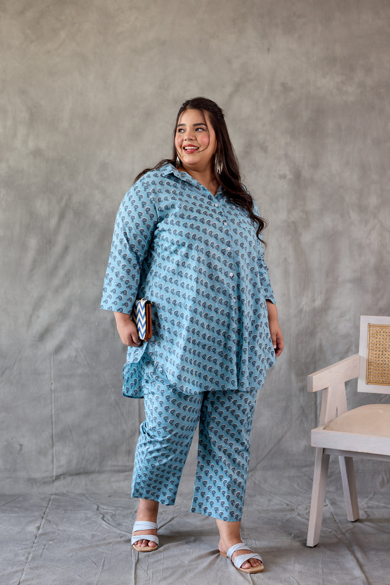 Hazy Blue Button-Down Booti Printed Co-Ord Set (Set of 2)