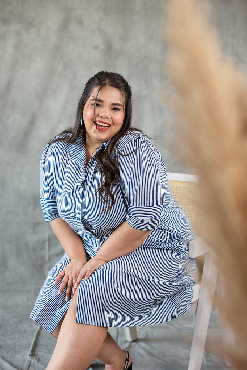 Tailored Blue Striped Button-Down Dress