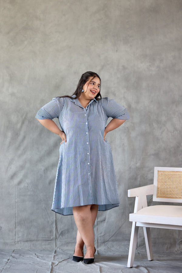 Tailored Blue Striped Button-Down Dress