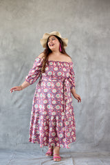 Pink Floral Printed Off Shoulder Maxi Dress