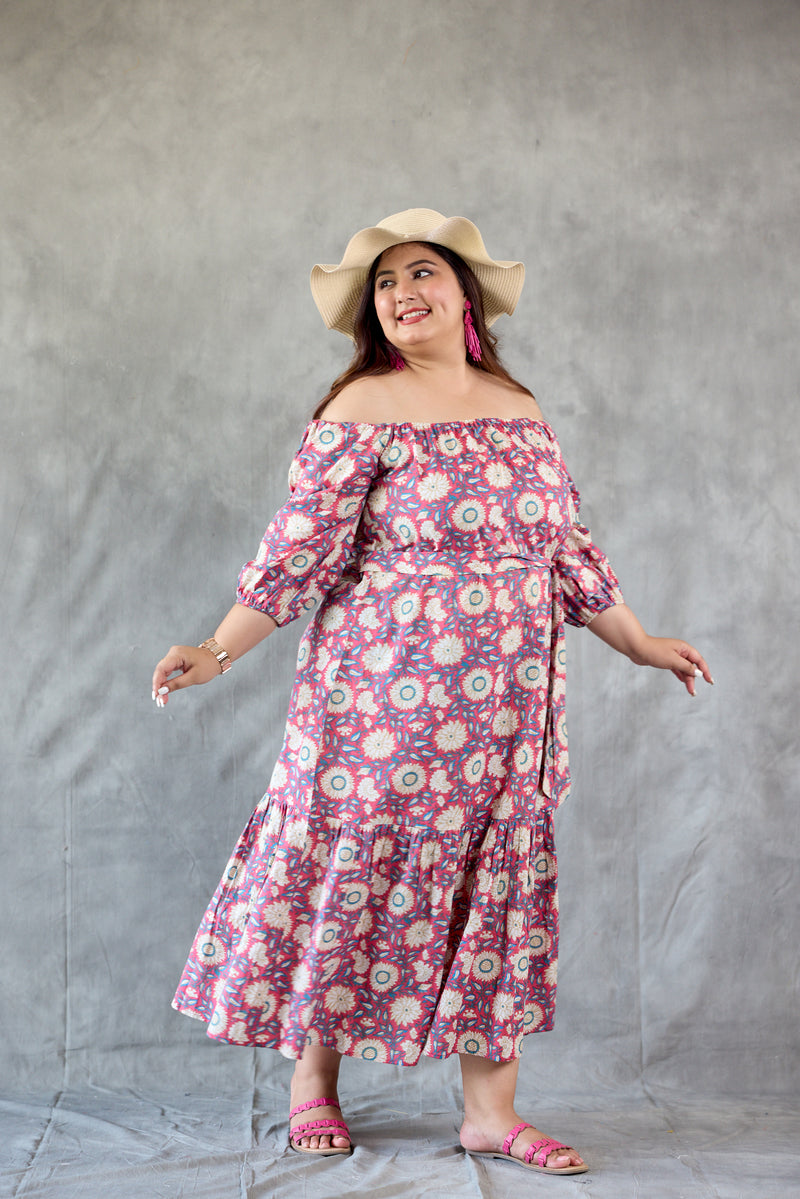 Pink Floral Printed Off Shoulder Maxi Dress