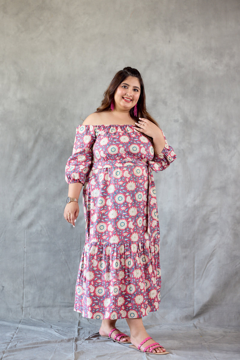 Pink Floral Printed Off Shoulder Maxi Dress