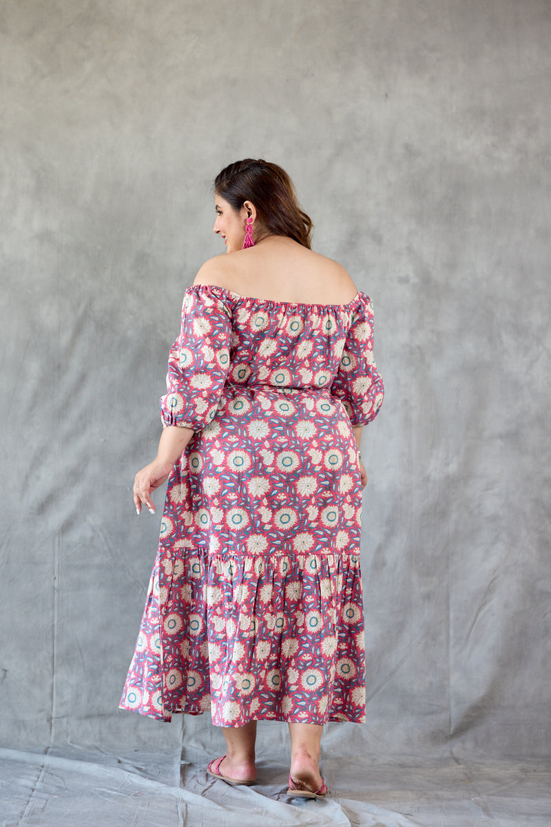 Pink Floral Printed Off Shoulder Maxi Dress