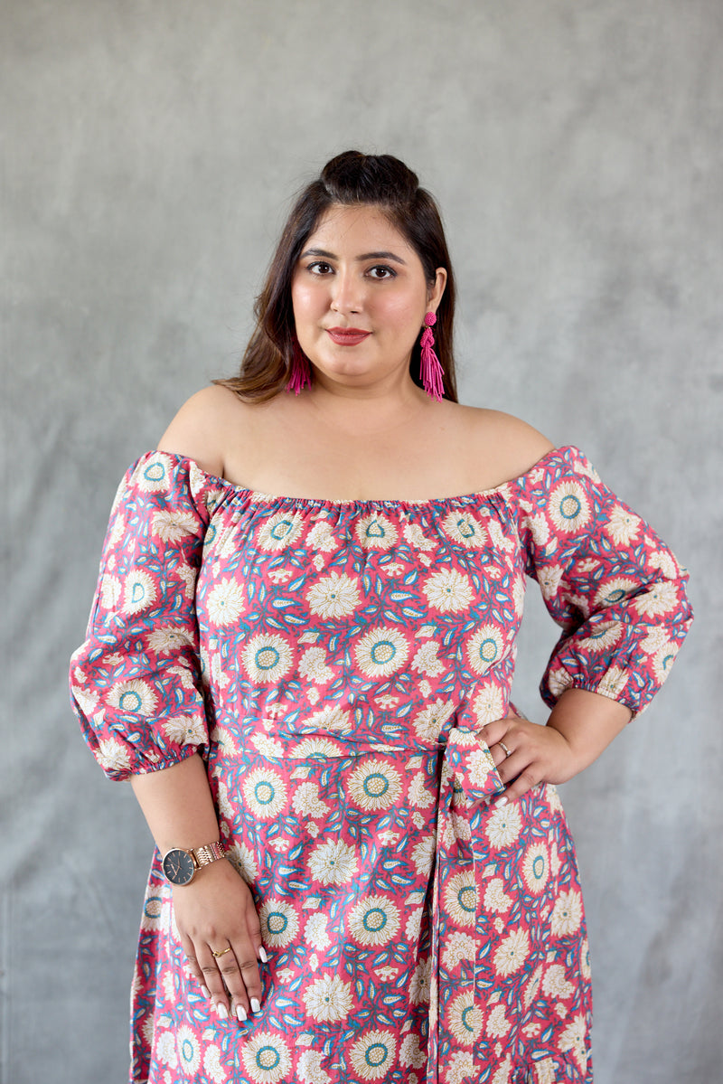 Pink Floral Printed Off Shoulder Maxi Dress