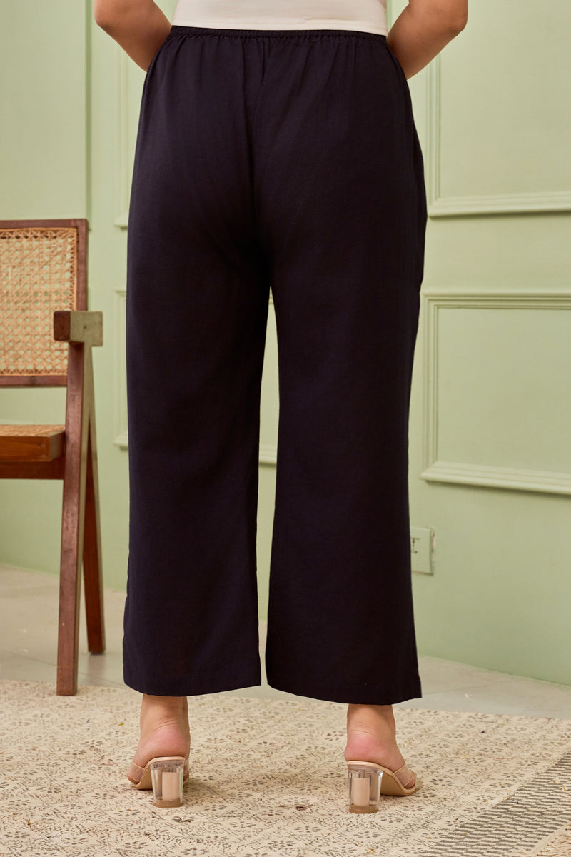 NAVY BLUE LINEN MID-RISE RELAXED FIT PANTS