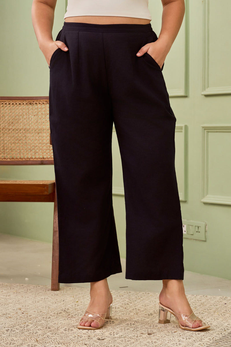 NAVY BLUE LINEN MID-RISE RELAXED FIT PANTS