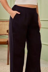 NAVY BLUE LINEN MID-RISE RELAXED FIT PANTS