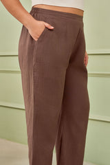 TAUPE LINEN MID-RISE RELAXED FIT PANTS