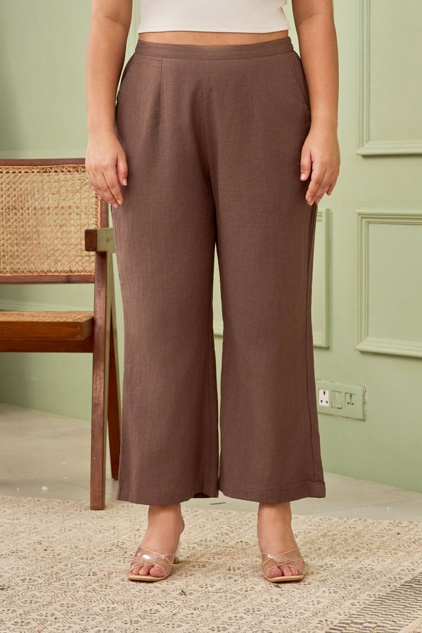 TAUPE LINEN BLEND MID-RISE RELAXED FIT PANTS