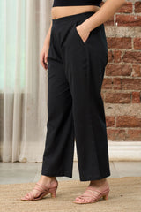 BLACK LINEN MID-RISE RELAXED FIT PANTS