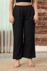 BLACK LINEN BLEND MID-RISE RELAXED FIT PANTS