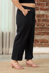 BLACK LINEN BLEND MID-RISE RELAXED FIT PANTS