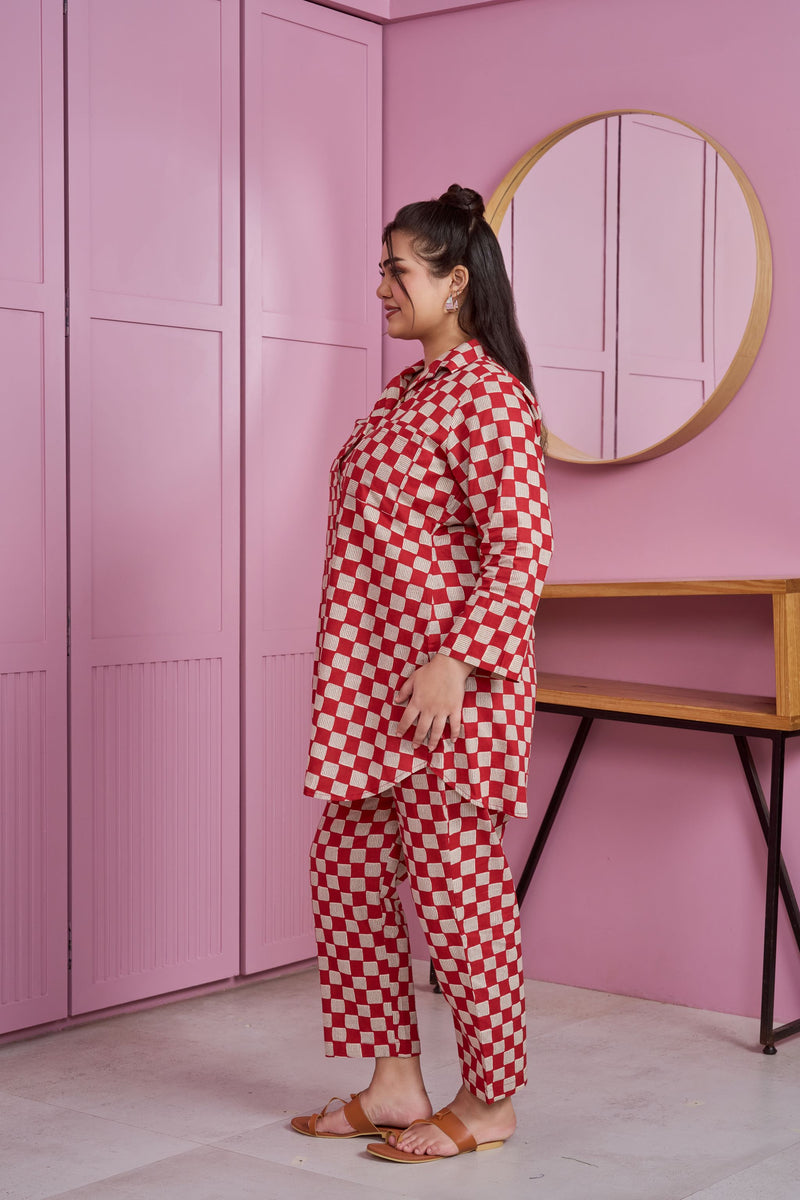 Red-White Checkered Print Cotton Co-ord Set