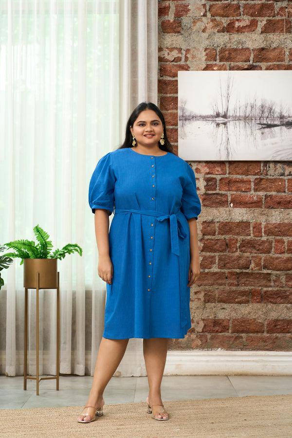 Cobalt Blue Button-Down Shirt Dress With Belt