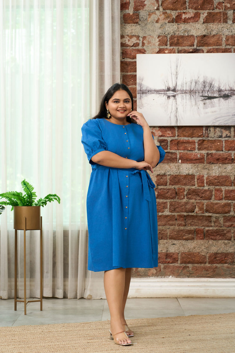 Cobalt Blue Button-Down Shirt Dress With Belt