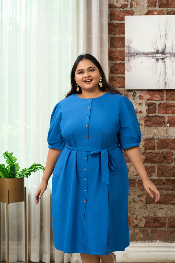 Cobalt Blue Button-Down Shirt Dress With Belt