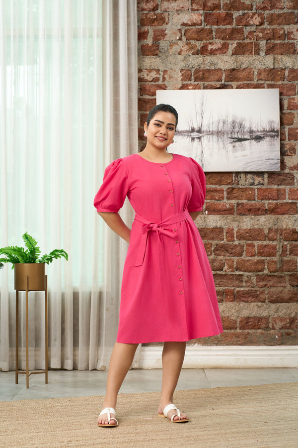 Fushia Pink Button-Down Shirt Dress With Belt