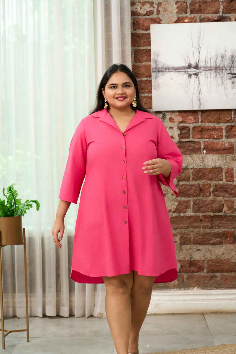 Fuchsia Pink Button-Down Shirt Dress