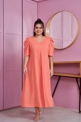 Peach Modal Puff Sleeve Pleated Maxi Dress