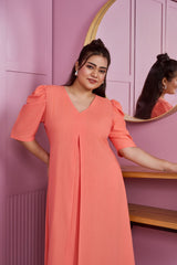 Peach Modal Puff Sleeve Pleated Maxi Dress