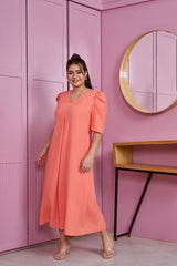 Peach Modal Puff Sleeve Pleated Maxi Dress