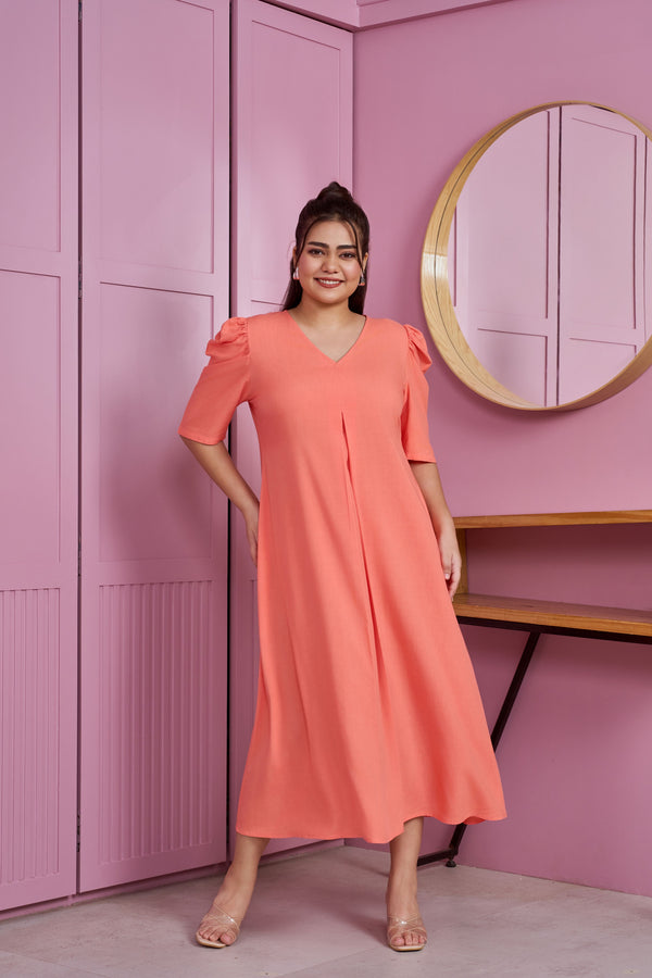 Peach Modal Puff Sleeve Pleated Maxi Dress