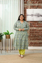 Floral-Printed Teal and Lime Green Kurta Set - (Set of 2)