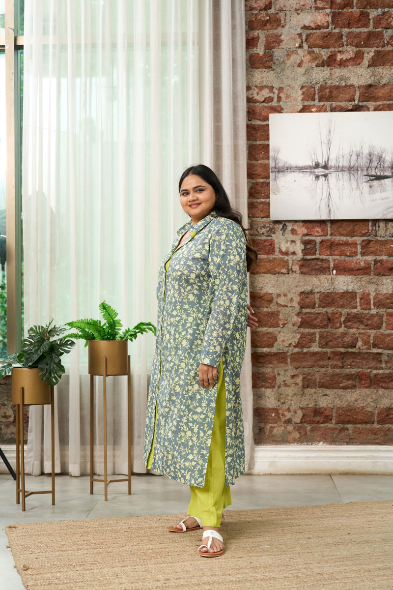 Floral-Printed Teal and Lime Green Kurta Set - (Set of 2)