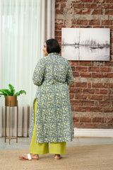 Floral-Printed Teal and Lime Green Kurta Set - (Set of 2)